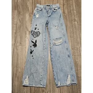 Pacsun Playboy Jeans Womens 24x32 Denim Blue Baggy Distressed Skater Y2K Grunge